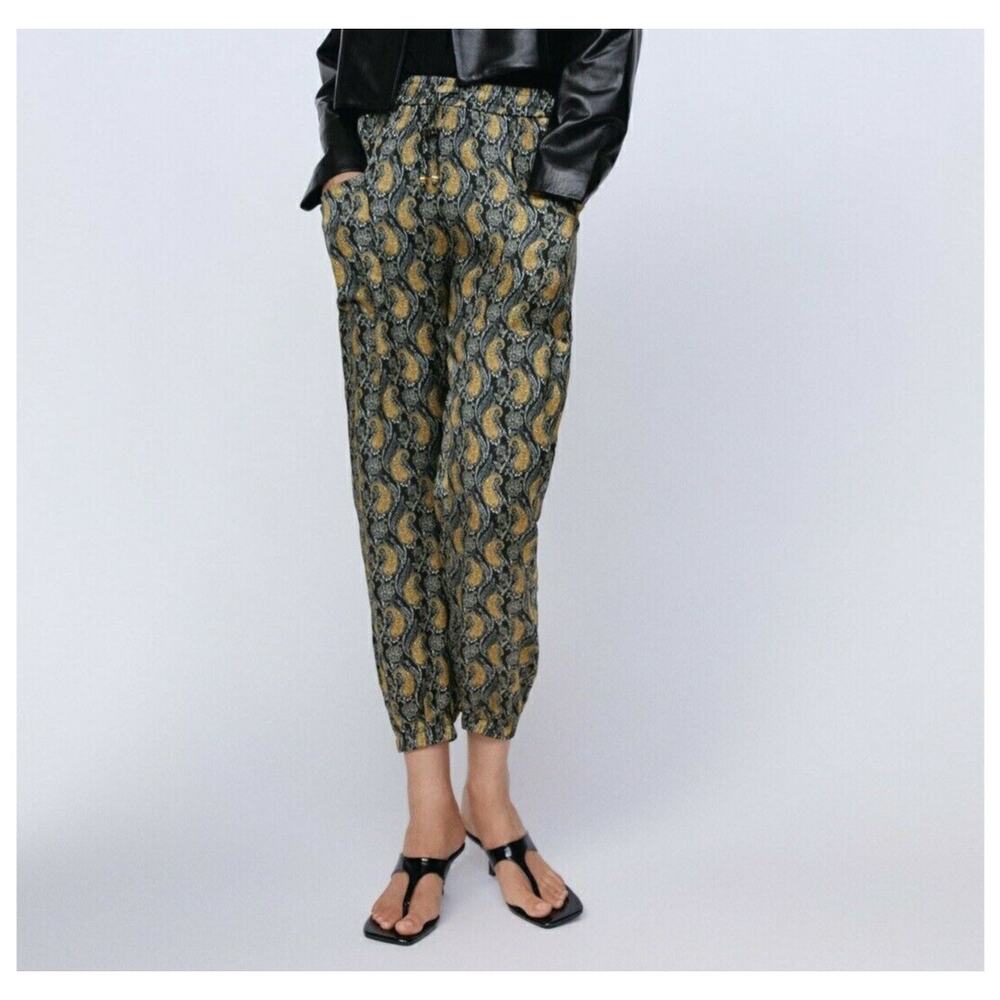 Zara Pull On Jogger Pants S Black‎ Paisley Drawstring Elastic Waist Pockets Boho